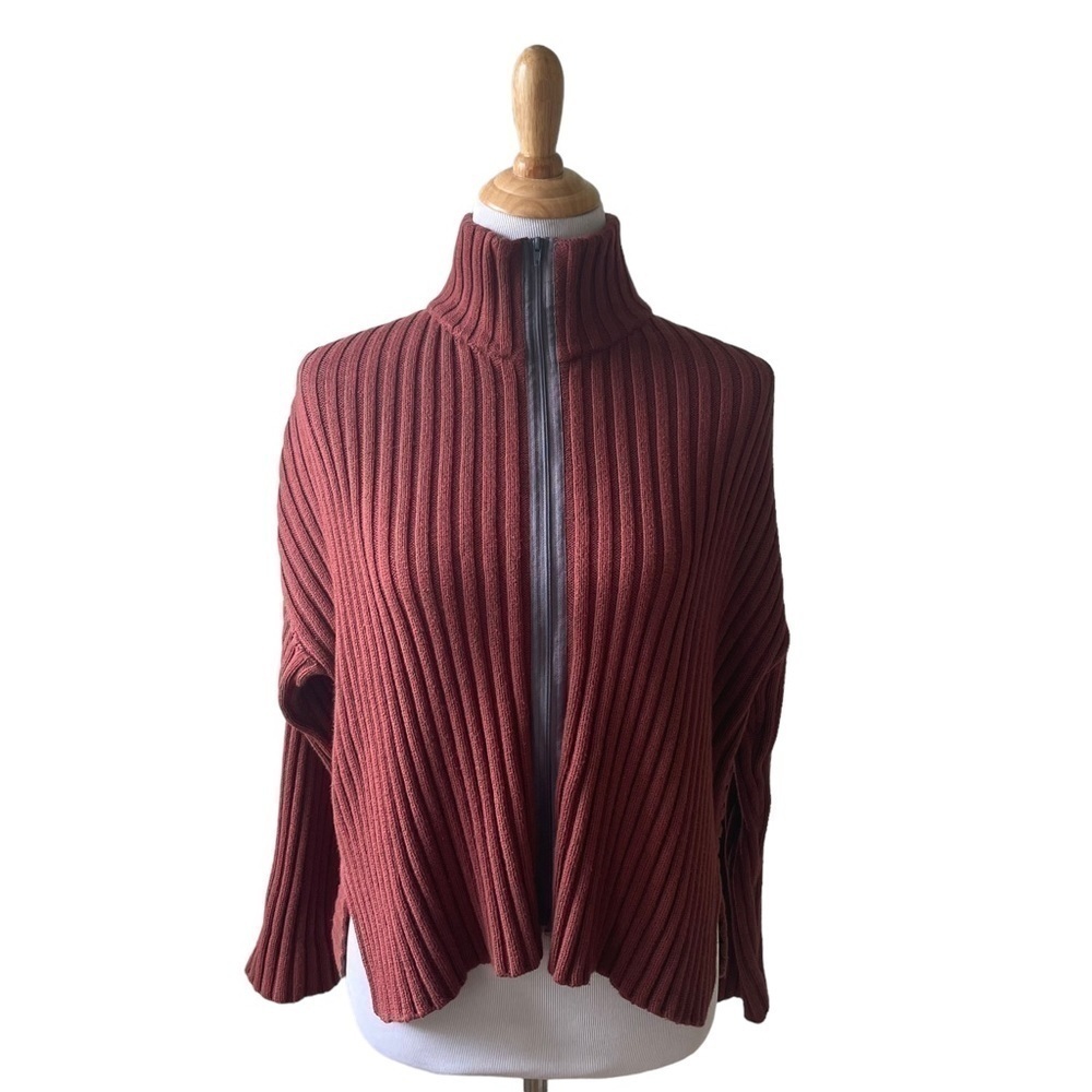 Bryn Walker Copper Brown Ribbed Zip Sweater Small